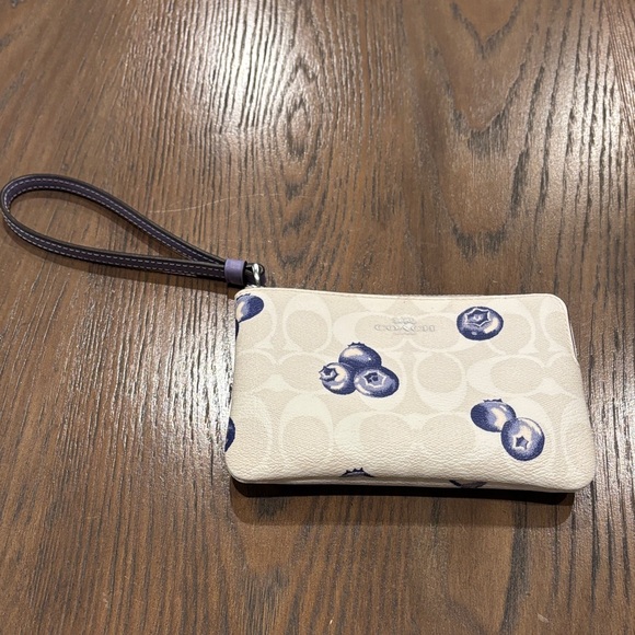 Coach Handbags - Coach Cream Wristlet with Blueberry Print and Purple Strap Limited Edition